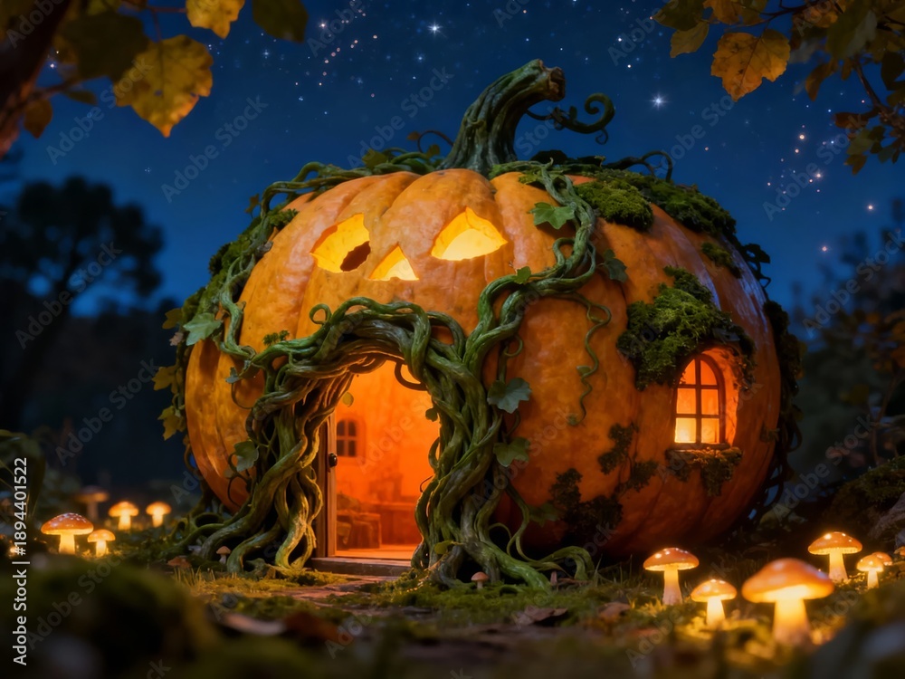 Fototapeta premium A whimsical pumpkin house glowing at night with vines and mushrooms in a magical forest setting