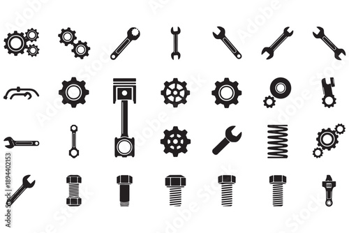 A collection of various mechanical tools and parts on a white background
