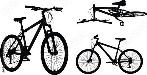 Mountain bicycle silhouettes set, side and top views, sports bike illustration, outdoor cycling equipment, isolated transport design