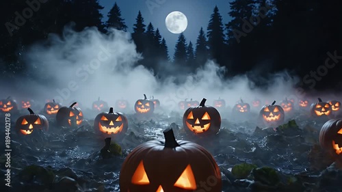 Wallpaper Mural Spooky Halloween Night - Glowing Pumpkins in a Misty Forest Under the Full Moon. Torontodigital.ca