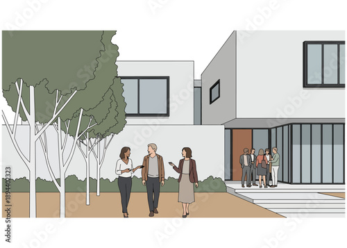 Modern Residential Community Scene with People Walking – Urban Architecture Landscape Design