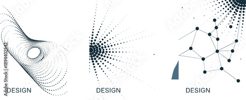 Dynamic abstract forms with swirling dots and network structures in dark blue and black on a white background