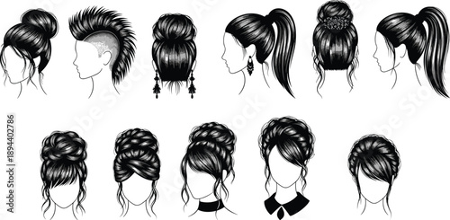 Women hairstyle collection illustration, buns braids ponytails, elegant updo designs, female hair fashion set, beauty salon concept