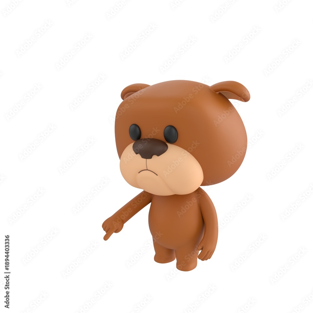 Fototapeta premium Cute 3D render Bulldog character pointing down at the ground in front, indicating or highlighting something, friendly mascot style, isolated on white background.
