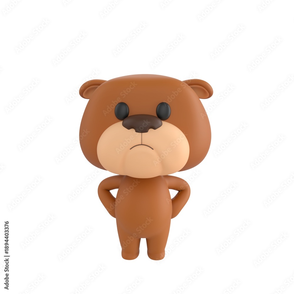 Fototapeta premium Cute 3D render Bulldog character standing with hands on hips, confident and assertive mascot style, isolated on white background for leadership, attitude, and digital design.