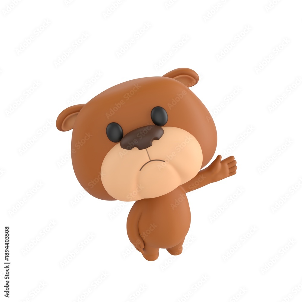 Fototapeta premium Cute 3D render Bulldog character looking up at the camera while gesturing to the side with one hand, friendly and welcoming pose, isolated on white background.