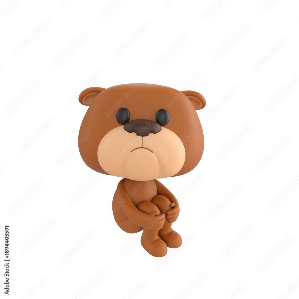 Obraz premium Cute 3D render Bulldog character sitting and hugging its knees, looking up at the camera with a gentle and thoughtful expression, isolated on white background.