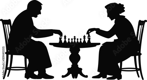 Elderly couple playing chess silhouette illustration, senior man and woman strategy game, classic board game scene, black vector, thinking and competition concept