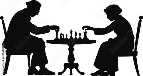Elderly couple playing chess silhouette illustration, senior man and woman strategy board game, thinking and intelligence concept, black vector design
