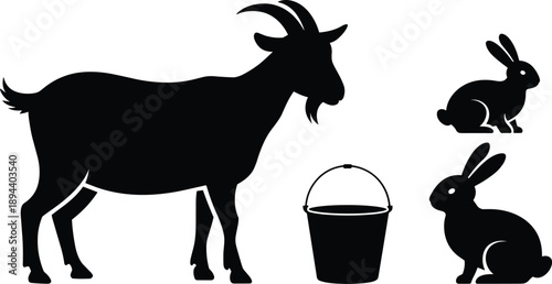 Farm animal silhouette vector illustration, goat with milk bucket and rabbits, black livestock animals rural agriculture design isolated on white background