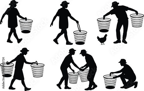 Farm workers collecting eggs silhouette vector illustration, rural poultry farming activities with baskets and chickens, traditional agriculture labor scenes, countryside lifestyle concept