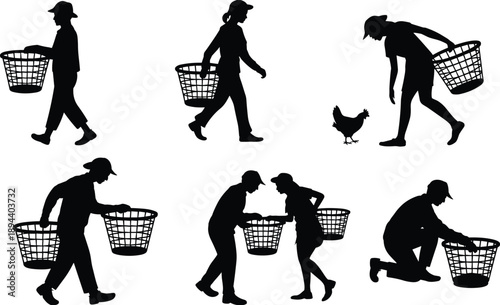 Farm workers collecting eggs silhouette vector illustration, rural agriculture scenes with baskets and chickens, traditional poultry farming activities, countryside lifestyle concept