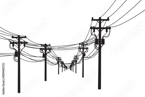 An illustration of multiple power lines and utility poles against a white background