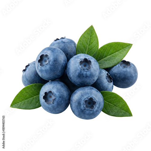 Fresh Blueberries Group with Green Leaves Isolated on White Background