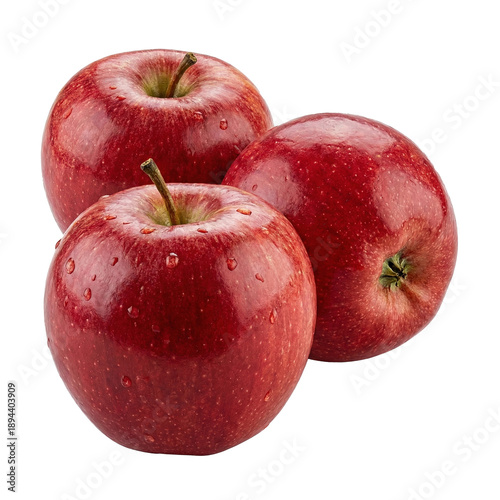 Group of Three Red Apples with Water Drops Isolated on White