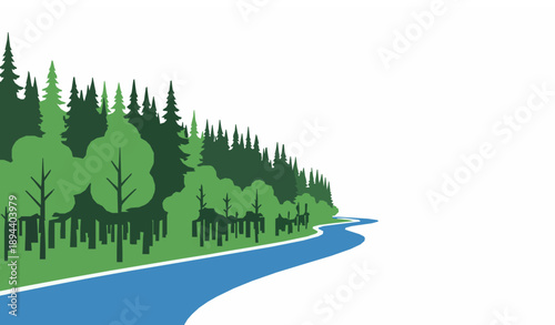 Minimal winding river and dense forest vector illustration in modern flat style for branding graphics