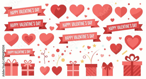 Collection of red hearts and gift boxes with Valentine's Day banners in various sizes and arrangements