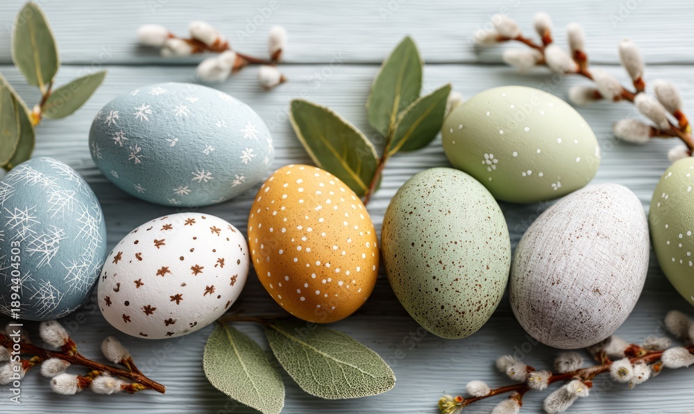 Obraz premium Elegant Decorative Eggs Laid Flat with Greenery for Easter Celebration