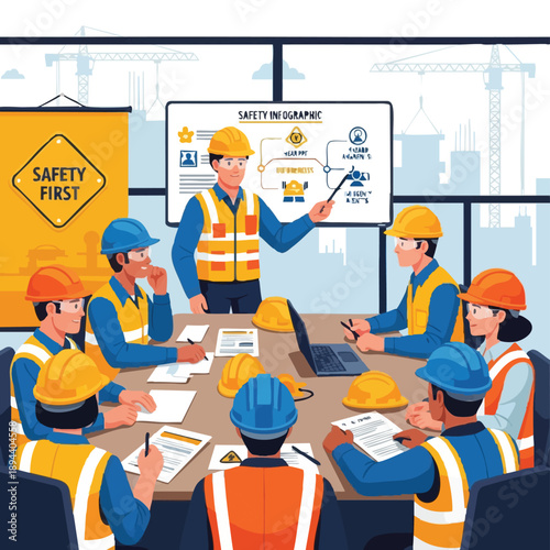 Construction Safety Training Meeting. Supervisor Explaining OHS Infographic to Industrial Workers. Safety First Briefing and Toolbox Talk Illustration.