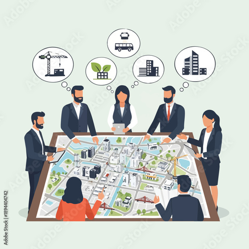 Urban Planning Team Meeting: Business Professionals Discussing City Development Map, Real Estate Strategy, Infrastructure, and Sustainable Architecture.