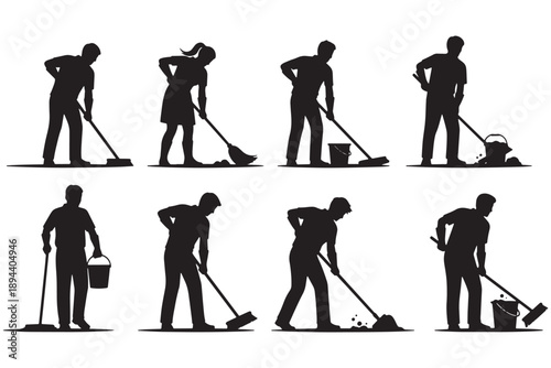 Silhouettes of people cleaning with brooms and buckets on a white background