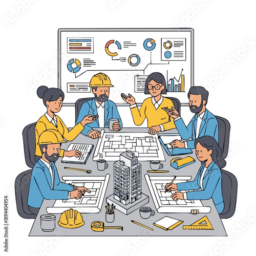 Construction and Architecture Team Meeting: Engineers and Managers Collaborating on Building Blueprints and Development Strategy.