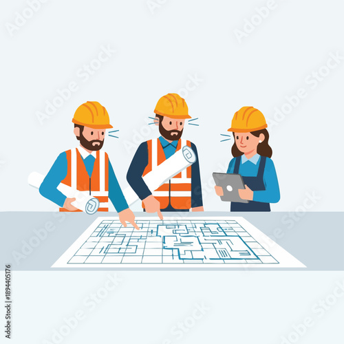 Construction Team Meeting Reviewing Blueprint. Engineers and Architects Collaborating on Project Plan with Safety Gear.