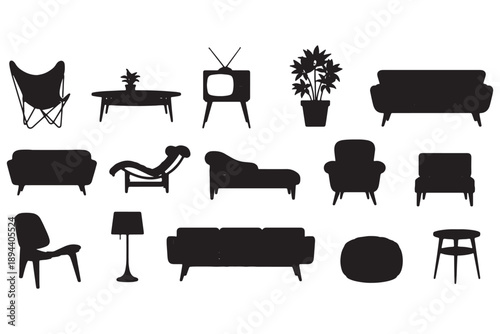 A collection of black silhouettes of various furniture and household items on a white background