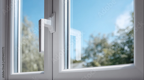 Close-up of a modern double-glazed window with a sleek white plastic handle, minimalist interior design, bright natural light, clean and functional aesthetic