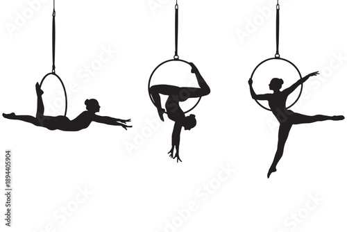 Three aerialists performing acrobatic poses on aerial hoops against a white background