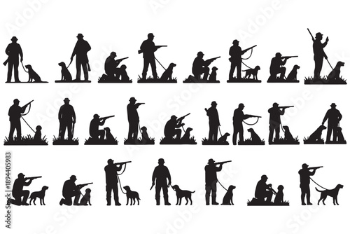 A collection of black silhouettes depicting hunters and their dogs in various poses