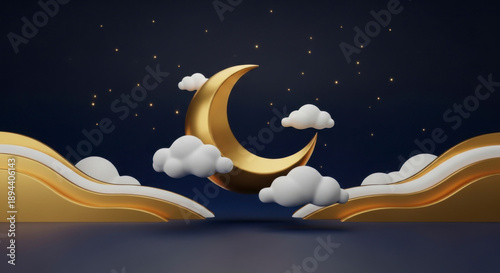 Gold Crescent Moon with Clouds for Ramadan Eid Hari Raya Night Scene in 3D