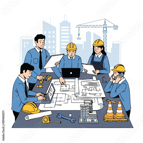 Construction Team Collaboration: Engineers and Architects Reviewing Blueprints for Urban Planning and Building Development Project