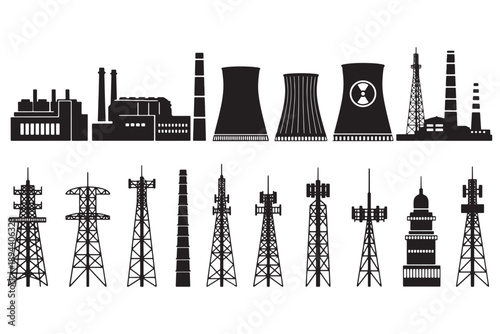 A collection of industrial and communication tower silhouettes on a white background