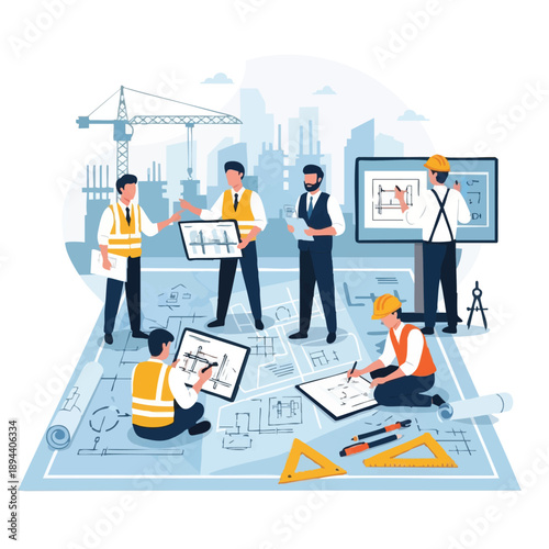 Engineering Team Collaboration: Architects and Construction Professionals Planning Urban Development Project on Blueprints and Digital Screens.