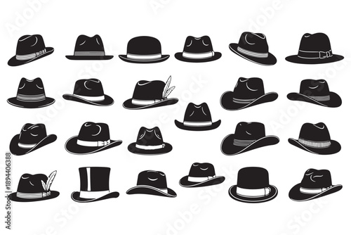 A collection of various black hats with different styles and designs on a white background