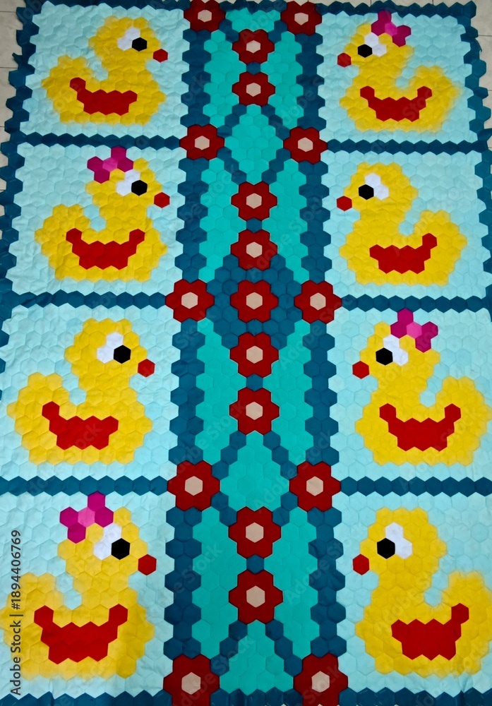 Obraz premium Handmade blanket made with hexagon patches with cute ducklings design