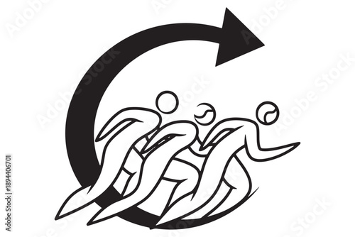 A stylized illustration of people running in a circular motion with an arrow