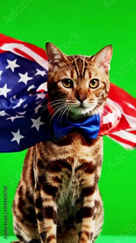 Wallpaper Mural Green Screen 4k bengal cat on isolated with chroma key real shot dressed up in patriotic costume for 4th of july sitting down looking around cape blowing the wind scene 4 distortion, overlay, glitch Torontodigital.ca