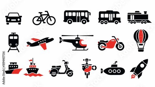 Various Transportation Vehicle Icons and Symbols.