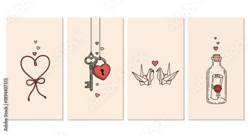 Four romantic illustrations depicting love symbols: a string heart, key and padlock, origami cranes, and a message in a bottle.