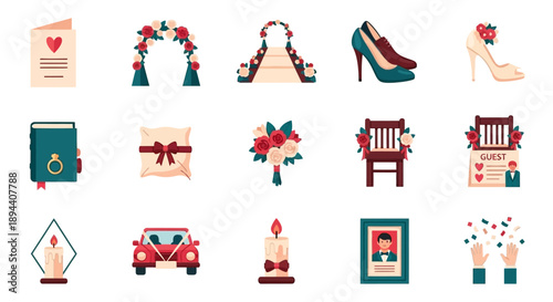 Collection of flat design wedding icons including invitation, arches, shoes, ring box, bouquet, chairs, car, and candles, representing various elements of a marriage ceremony.
