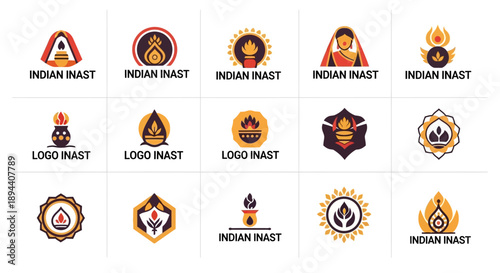 Grid of diverse logo designs incorporating traditional Indian cultural and religious motifs and symbols, suitable for branding.