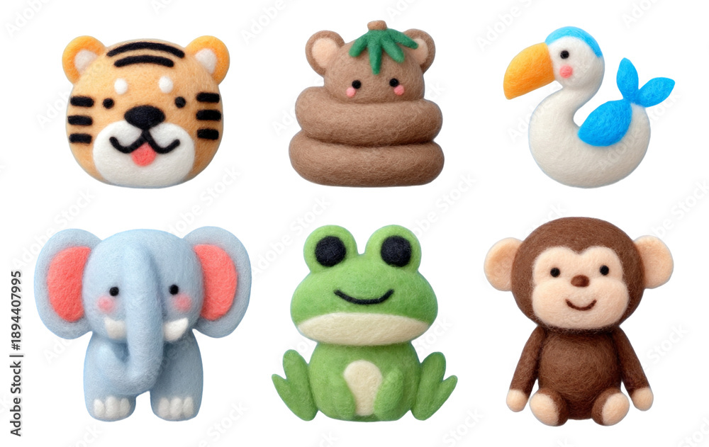 Obraz premium Colorful Felted Jungle Animals on a Transparent Background for Creative Use