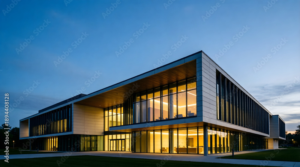 Obraz premium Cutting-Edge Quantum Research Facility Exterior at Dusk – Modern Architecture for Future Technology, Innovation, and Enterprise Business Solutions