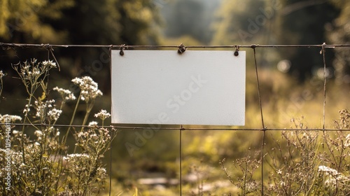 Blank sign on a wire fence in a sunlit, natural field setting