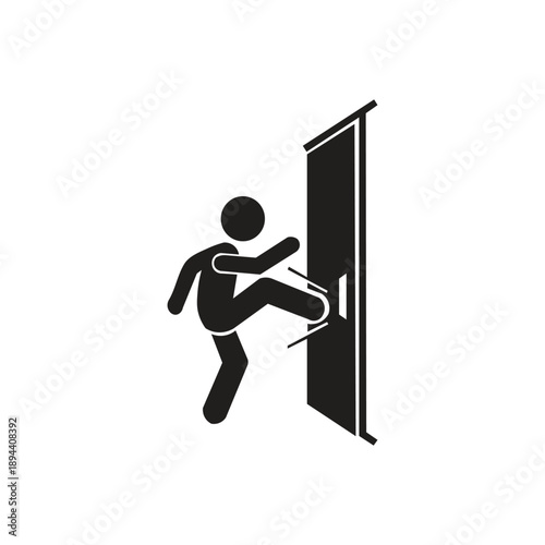 Icon image of a person breaking down a door silhouette illustration depicts visualized in a dynamic style that emphasizes and forced action