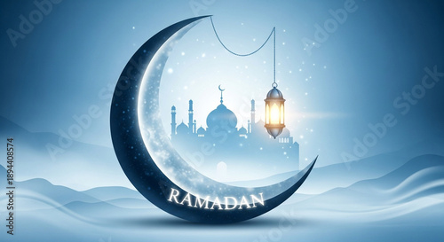Ramadan Crescent Moon with Islamic Mosque Silhouette and Lantern isolated on transparent background