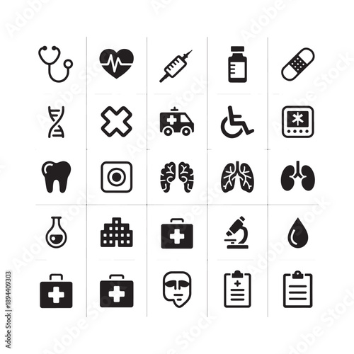 Collection of medical icons representing healthcare diagnostics and emergency services