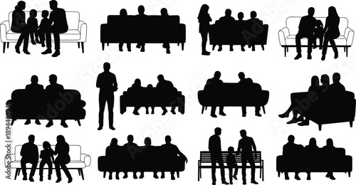 Collection of people silhouettes sitting on sofas and couches representing family gatherings business meetings social interaction teamwork lifestyle concepts in modern interior settings